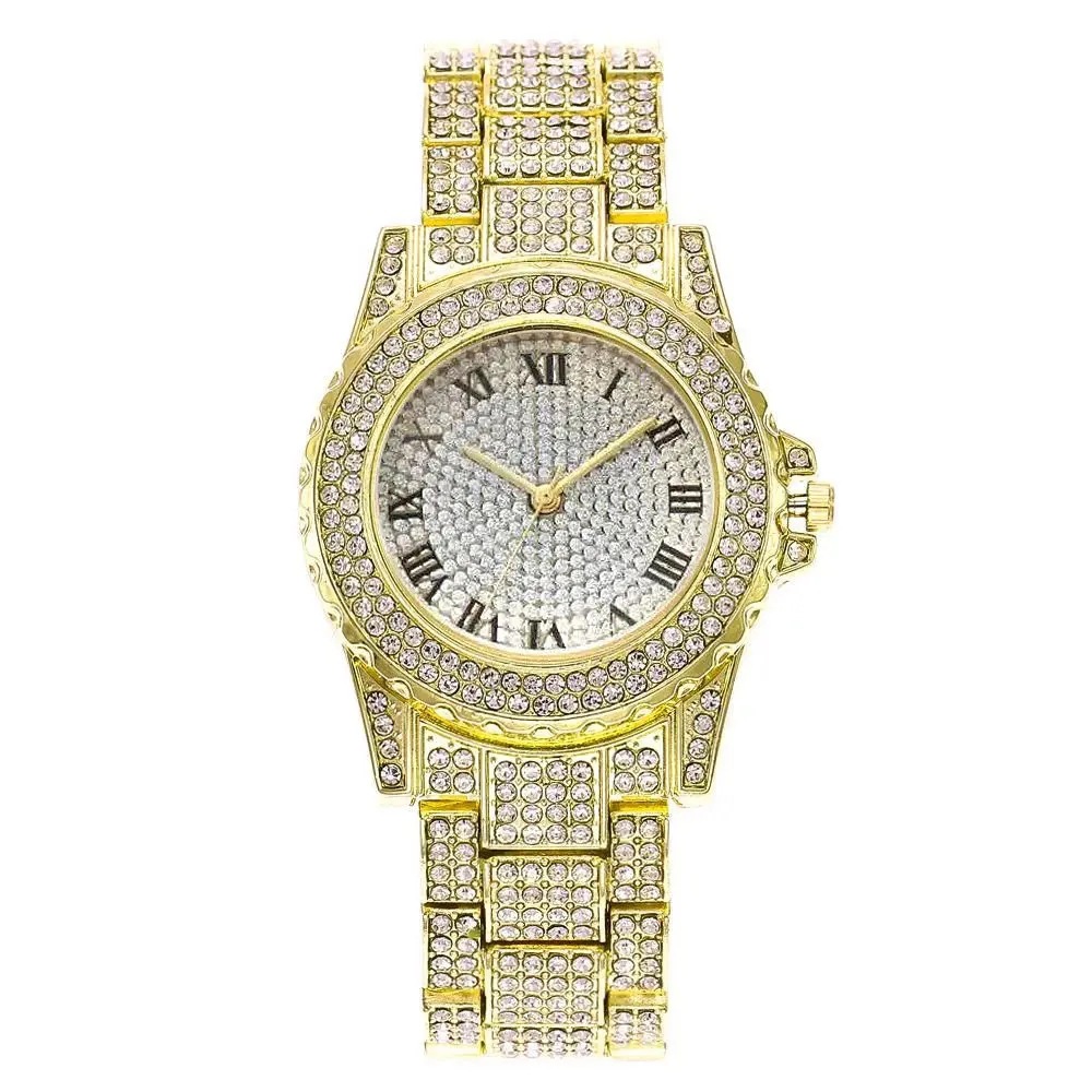 Reloj de cuarzo de negocios en línea celebridad empuje principal diamante rhinestone moda gran dial rhinestone romano literal correa de acero reloj chica