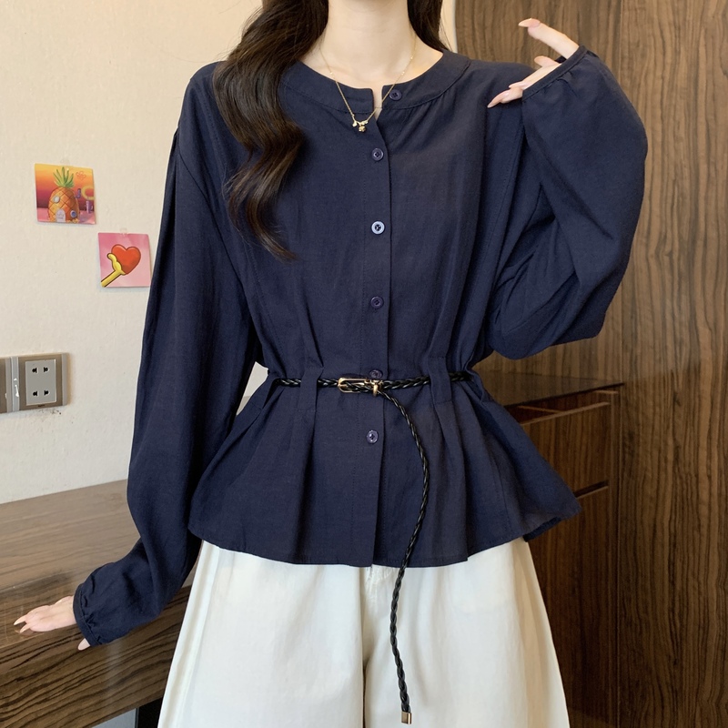 法式蓝色长袖衬衫大码女装2025秋装新款胖mm漂亮收腰遮肚上衣|undefined
