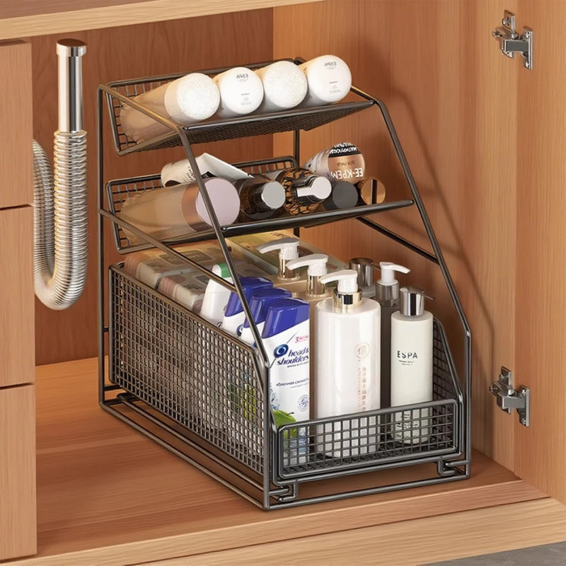 Bathroom Sink Cabinet Pull-Out Storage Rack under the Washbasin, Pull-Out Bathroom Storage Shelf