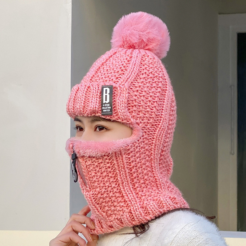 Unisex New winter ladies knitted Korean style plus velvet pullover earmuffs female cycling wool zipper neck warm hat_voghion.com