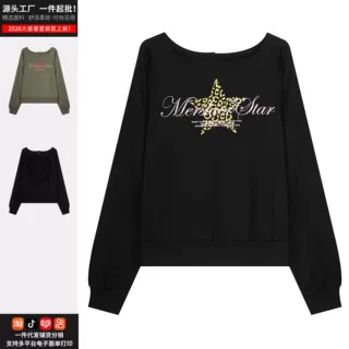 美式潮酷星星字母印花斜肩卫衣女辣妹风宽松百搭露背上衣厂家直发