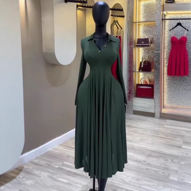 2026 Spring/Summer New European and American Cross-Border Fashion Elegant Shirt Collar Waist-Cinching Pleated Long-Sleeve Dress