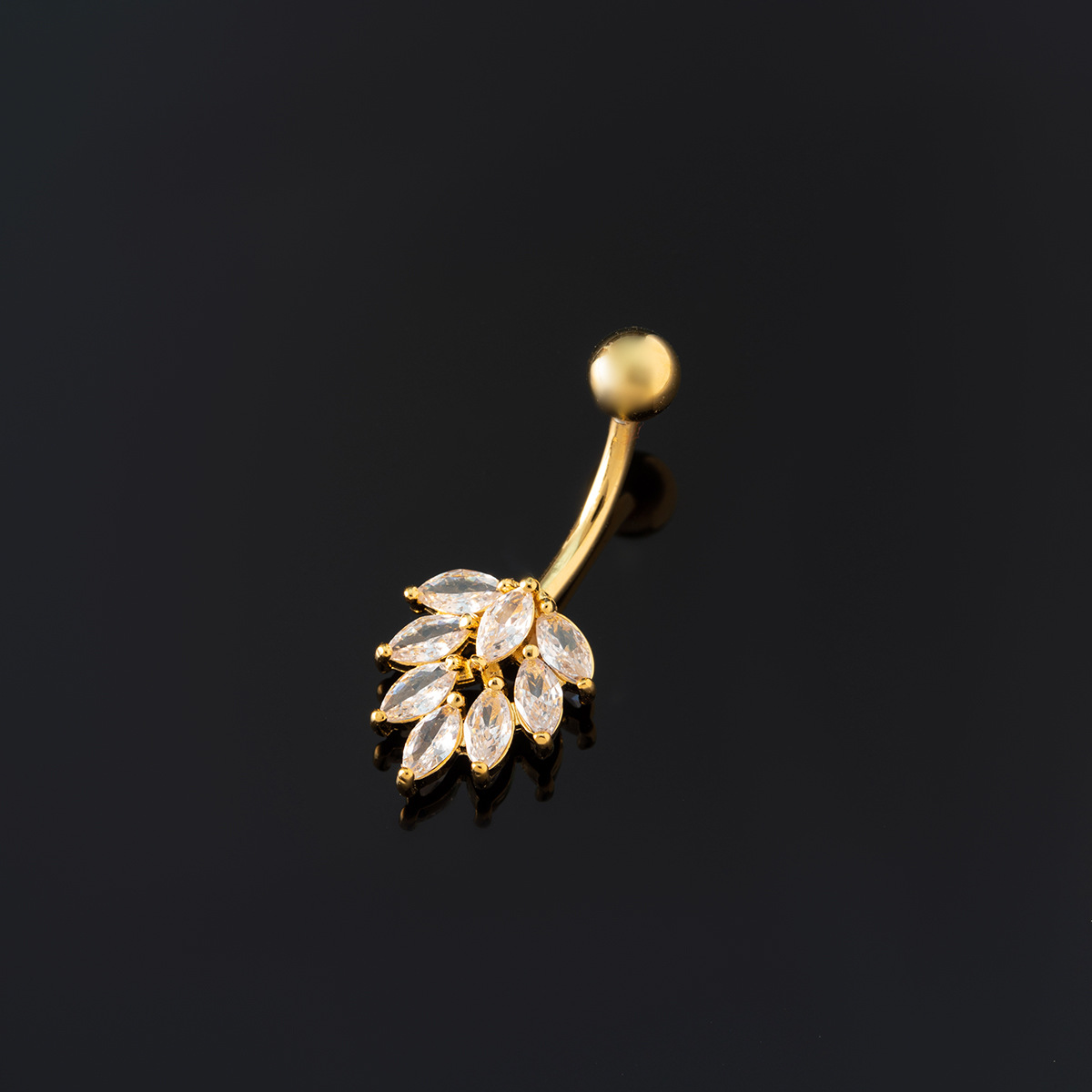 Stainless Steel Navel Ring With Zirconia Leaf Design For Women_voghion.com