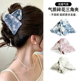 韩系牛仔蓝三角蝴蝶结发夹女后脑勺盘发抓夹大号鲨鱼夹发卡头饰夏
