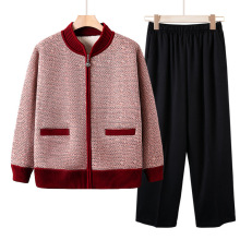 中老年人秋冬装加绒加厚毛衣套装奶奶新款开衫外套妈妈秋季针织衫