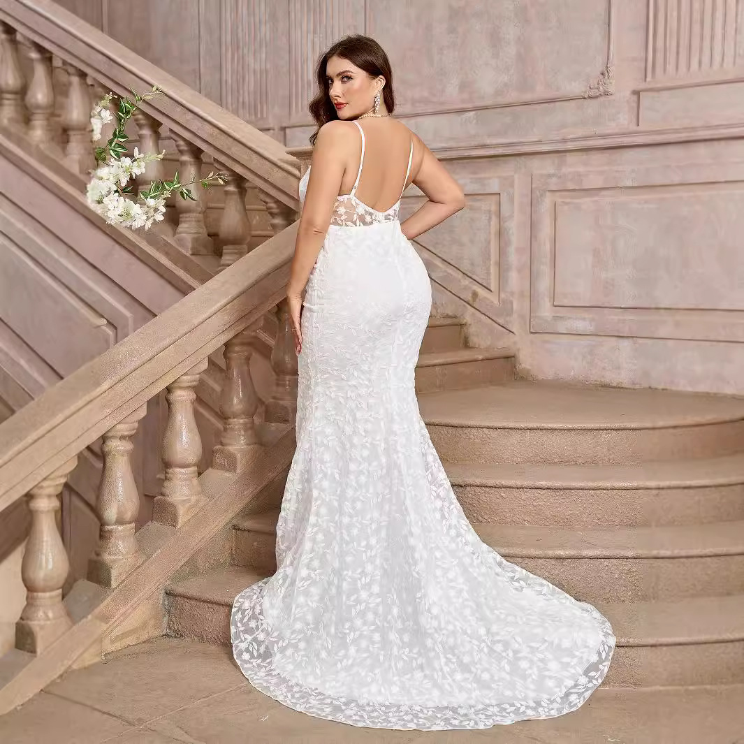 Women's Clothing large size sexy trailing white sling V neck trailing wedding dress without chest cotton_voghion.com