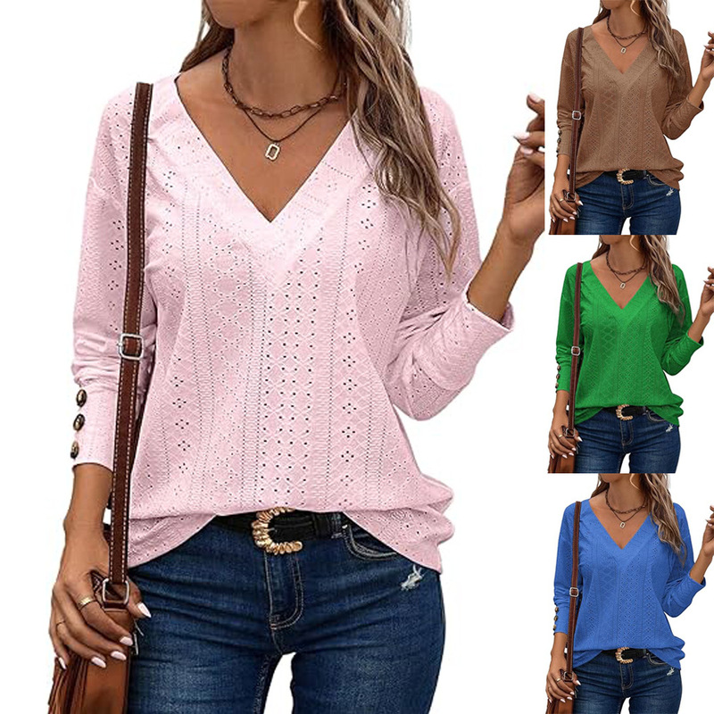 2024 Cross-border European and American Women's Top Fashion Casual V-neck Long Sleeve Button Hollow Lace Embroidered Shirt