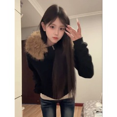 山东即墨卫衣毛领外套女秋季2025新款美式慵懒连帽上衣拉链开衫韩