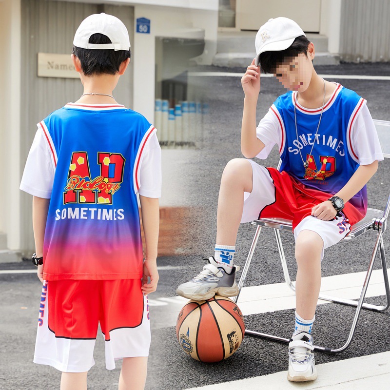 儿童篮球服套装潮流数码印花图男女童表演服假两件短袖学生运动服