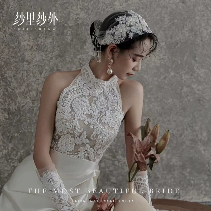 Original French Retro Bride Lace Hat Yarn Hair Accessories Pearl Elegant High-end Love Morning Robe Headwear Wedding Dress Photo