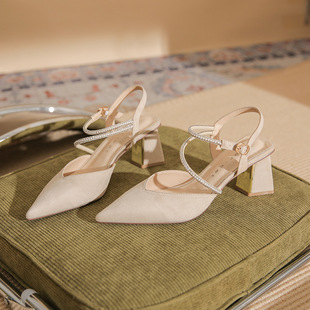 61203 [Sheepskin] Baotou Sandals Women's 2025 New Pointed Toe High Heels Temperament Strap Thick Heel Single Shoes
