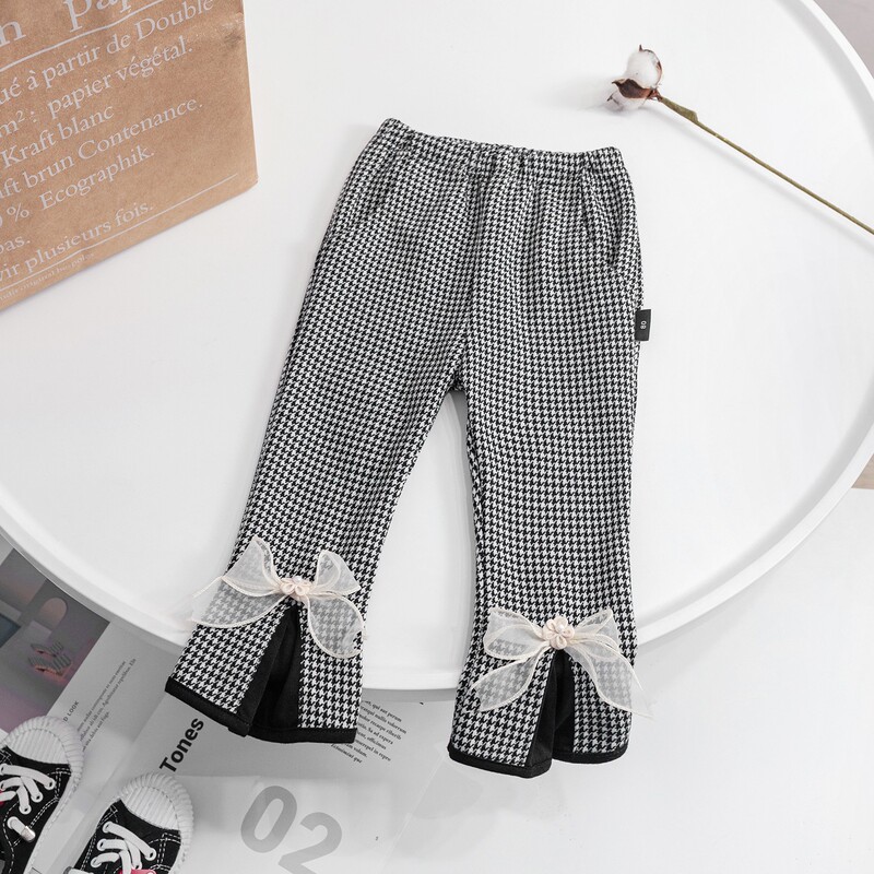 Girls' Casual Pants Spring and Autumn 2026 New Stylish Houndstooth Pattern Bow Flare Pants Long Pants Girls' Casual Pants Spring and Autumn 2026 New Stylish Houndstooth Pattern Bow Flare Pants Long Pants