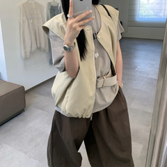 十三行2025秋新款港风复古皮衣马甲外套女装宽松圆领无袖坎肩上衣