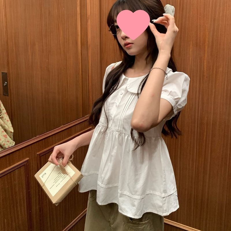 Moonlight Romance Puff Sleeve Doll Collar Pleated Shirt Women's Short Sleeve Versatile Cute Pink Shirt Moonlight Romance Puff Sleeve Doll Collar Pleated Shirt Women's Short Sleeve Versatile Cute Pink Shirt