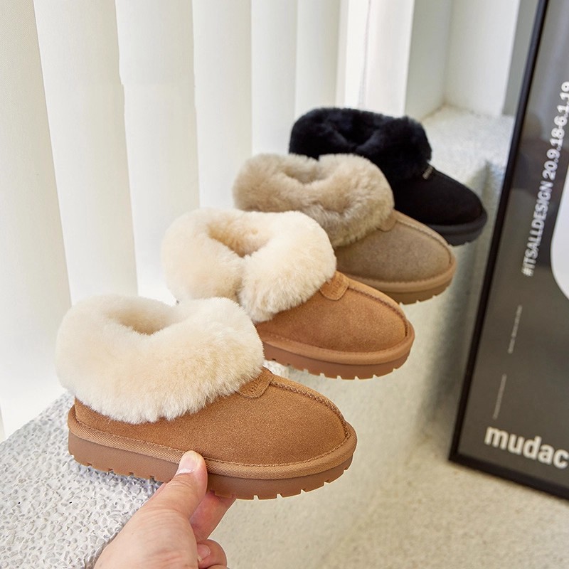 Children's Snow Boots Winter New Style Girls' Lamb Wool Low-Cut Fleece-Lined Warm Cotton Boots Boys' Genuine Leather Baby Short Boots
