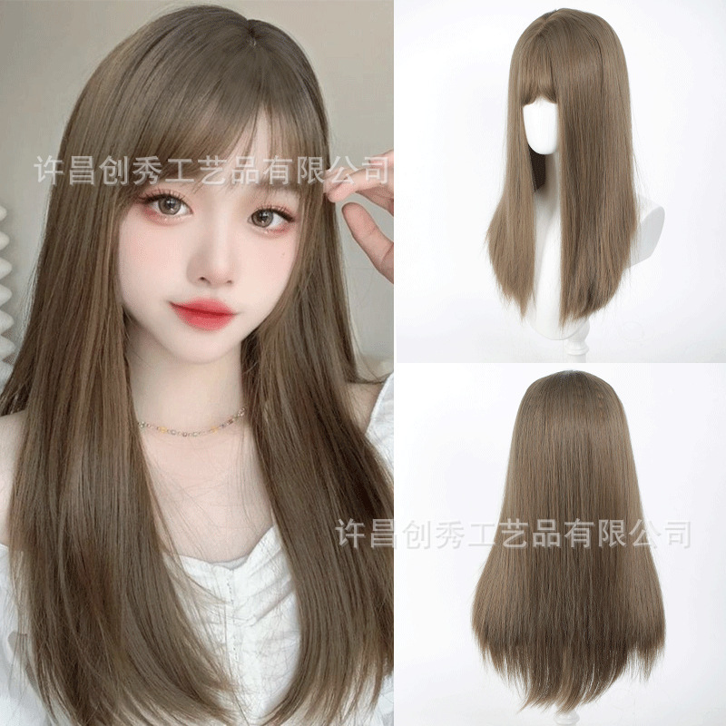 In-Stock European and American Style Synthetic Brown Long Straight Hair Wig with Bangs, Available in Multiple Colors, Black Long Straight Sweet Jk Style