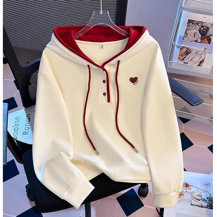 Designed with Heart Embroidery and Color-Blocking, Hooded Sweatshirt for Women, 2026 Spring New Style, Fashionable, Loose and Versatile Top
