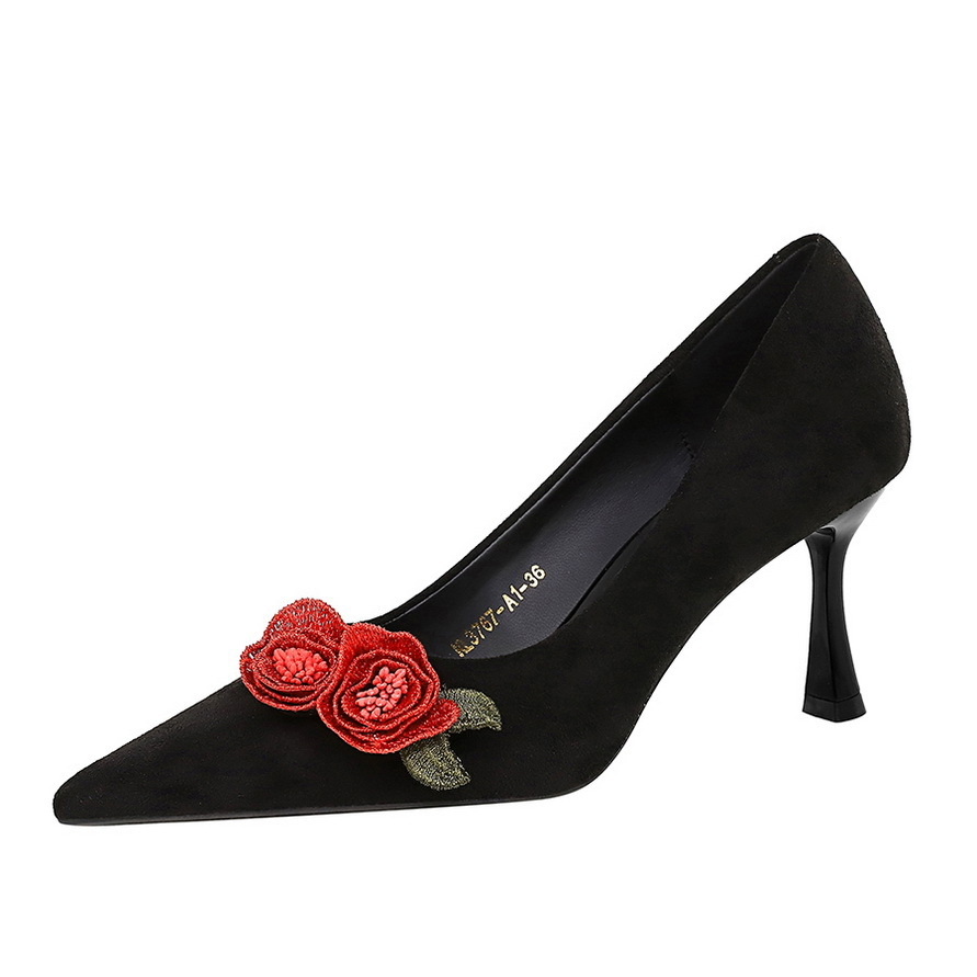 3767-AH85 Pointed Toe Stiletto Heels For Women, Suede Shallow Mouth Versatile Rose Flower Elegant Black High Heel Pumps_vogvips.com