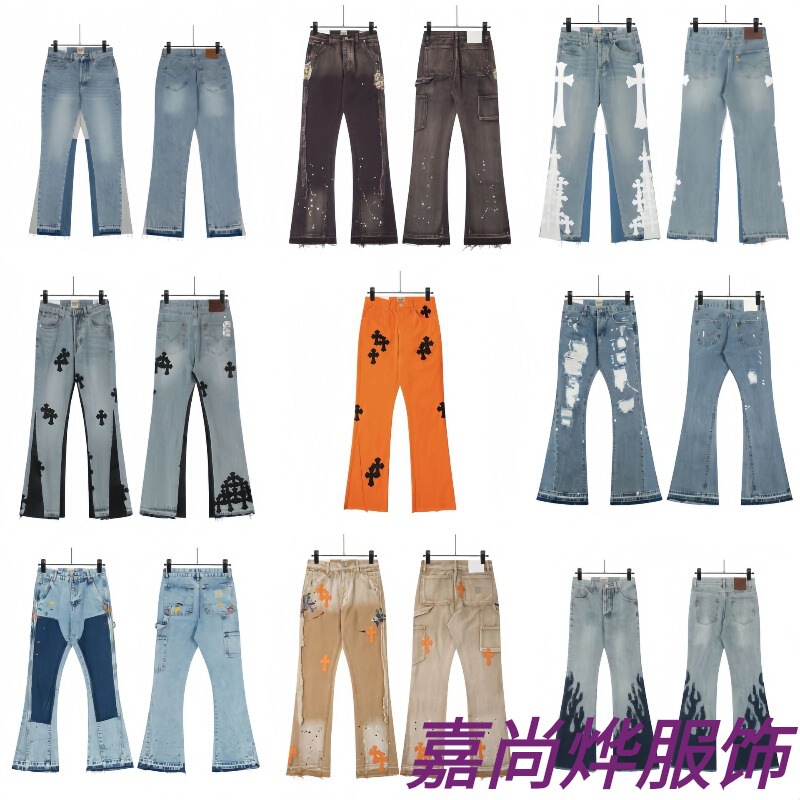 In-Stock Trendy Brand Pants Limited Edition Flame Cross Embroidery Straight-Leg Vintage Washed Celebrity-Style Jeans Unisex