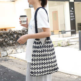 日系休闲棉线托特包ins时尚抽绳编织子母包网红撞色镂空单肩女包