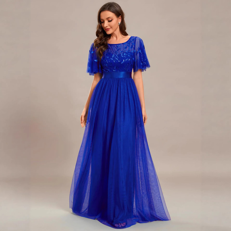 European and American Amazon Plus-Size Elegant Evening Dress 2026 New Short-Sleeve Lace Annual Party Mother's Dress Long Gown for Prom
