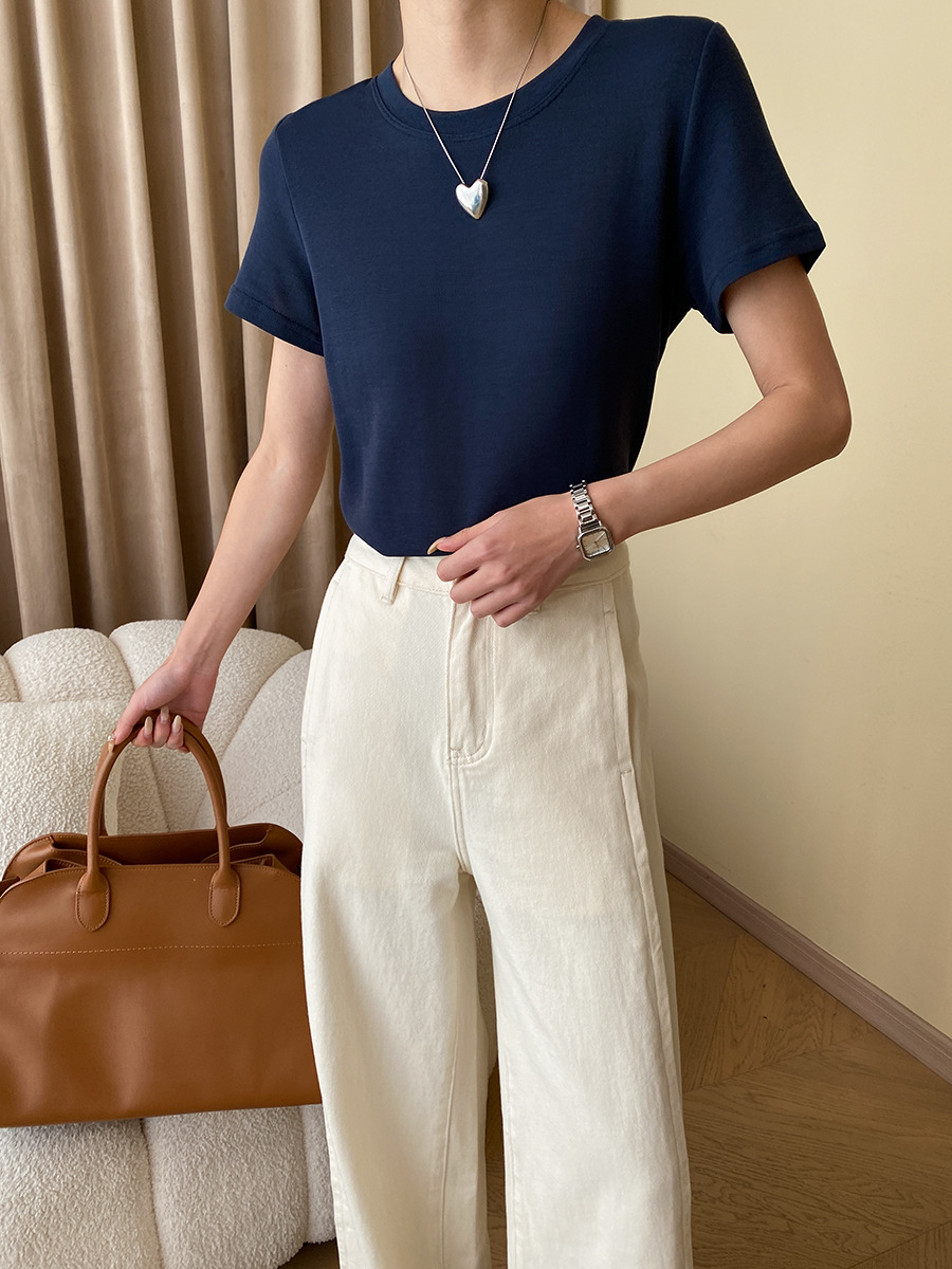 Cozy Series Simple Basic Slimming Shoulder T Shirt Short Sleeve Early Spring