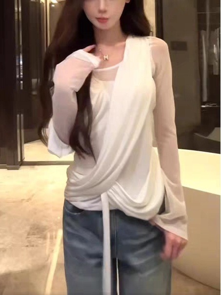 法式白色网纱斜肩长袖T恤女款秋季打底衫辣妹气质设计感露肩上衣|undefined