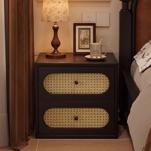 Medieval Style French Small Retro Solid Wood Rattan Cabinet Home Bedroom 2025 Popular Accessible Luxury High-End Bedside Table