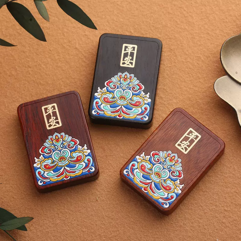 手绘彩绘木雕紫檀黑檀平安无事牌吊坠钥匙扣项链挂件工艺品配饰