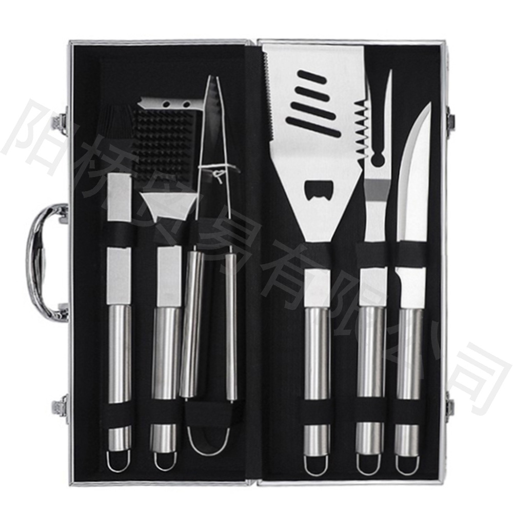 Fabricante Amazon herramientas combinación de caja de aluminio BBQ horquilla de parrilla cuchillo de parrilla mango de tubo de acero inoxidable parrilla