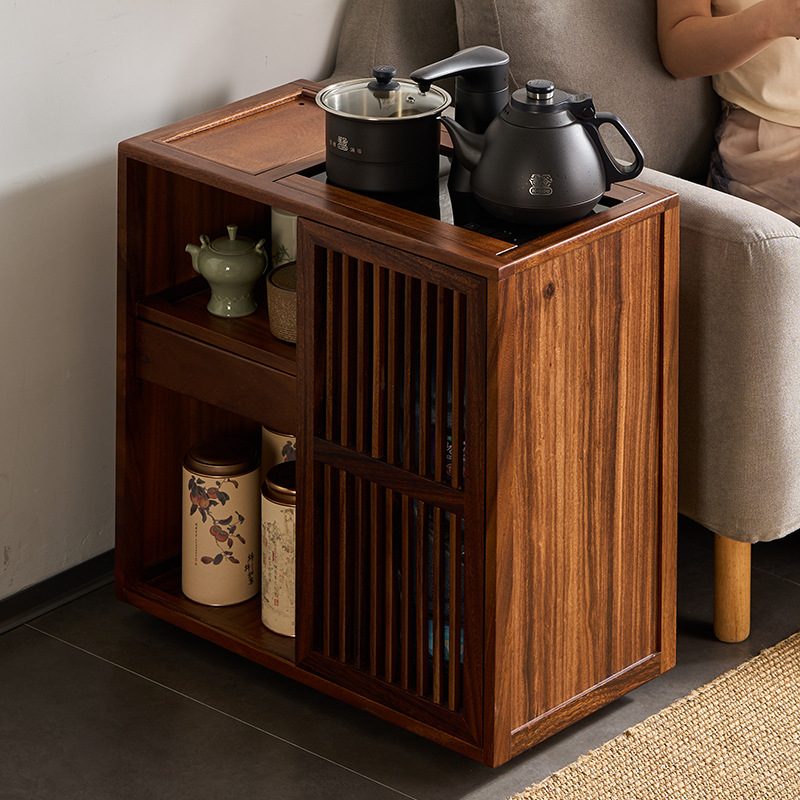 Black Walnut Mobile Tea Cabinet Tea Table Side Cabinet with Integrated Kettle and Water Bucket Tea Bar Cabinet