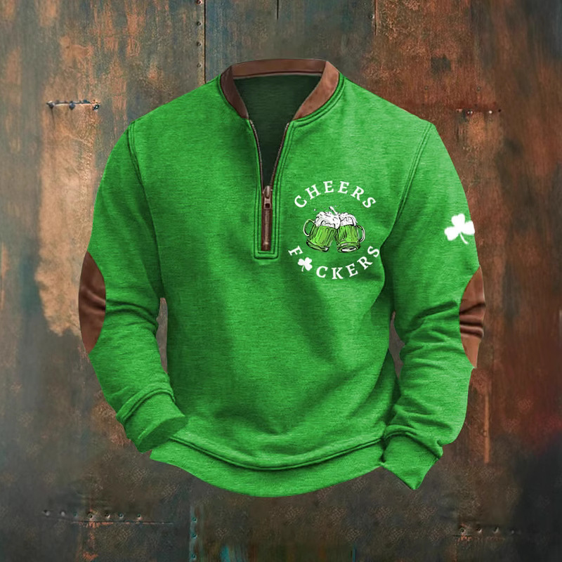 European and American Cross-Border Men's St. Patrick's Day Cheers Green Beer Clover Print Casual Zipper Pullover