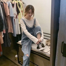 破洞牛仔背带裤女学生韩版宽松春秋新款百搭显瘦九分连体裤潮