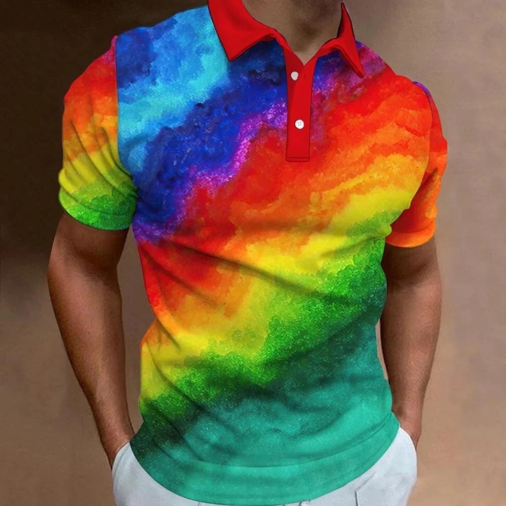Camisa POLO con botones de manga corta transpirable de malla suelta de verano para hombres con estampado 3D de patchwork de color de venta caliente de la calle europea y americana