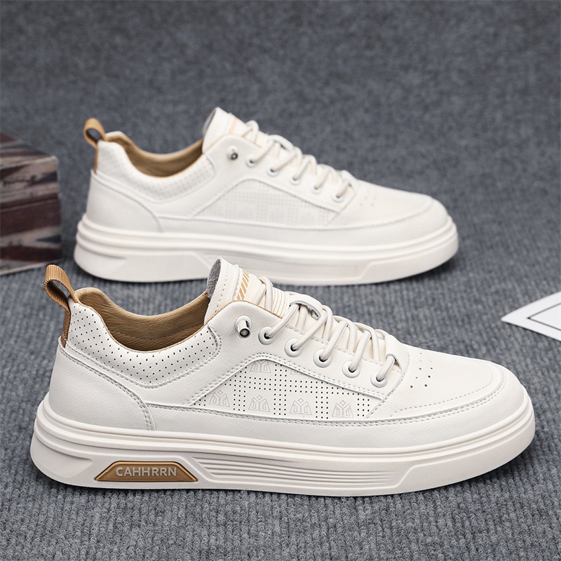 Zapatos blancos de estudiantes, zapatos de skate de fondo plano para hombres, 2025 nuevos zapatos de primavera para hombres, zapatos de cuero casuales de moda.