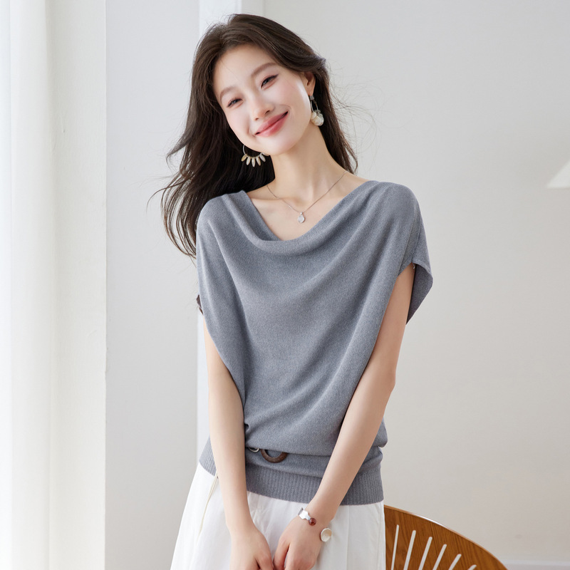 2026 Summer New Lyocell Tencel Tie-Waist Short Sleeve T-Shirt Breathable Slimming Fashion Top for Women