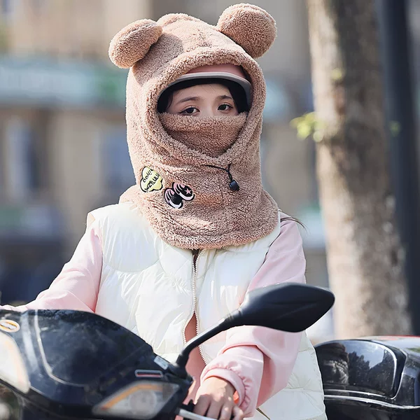 Winter Warm Series Cute Bear Hat Mask All-in-One Women's Ear Protector Cycling Warm Ski Helmet plush Hat