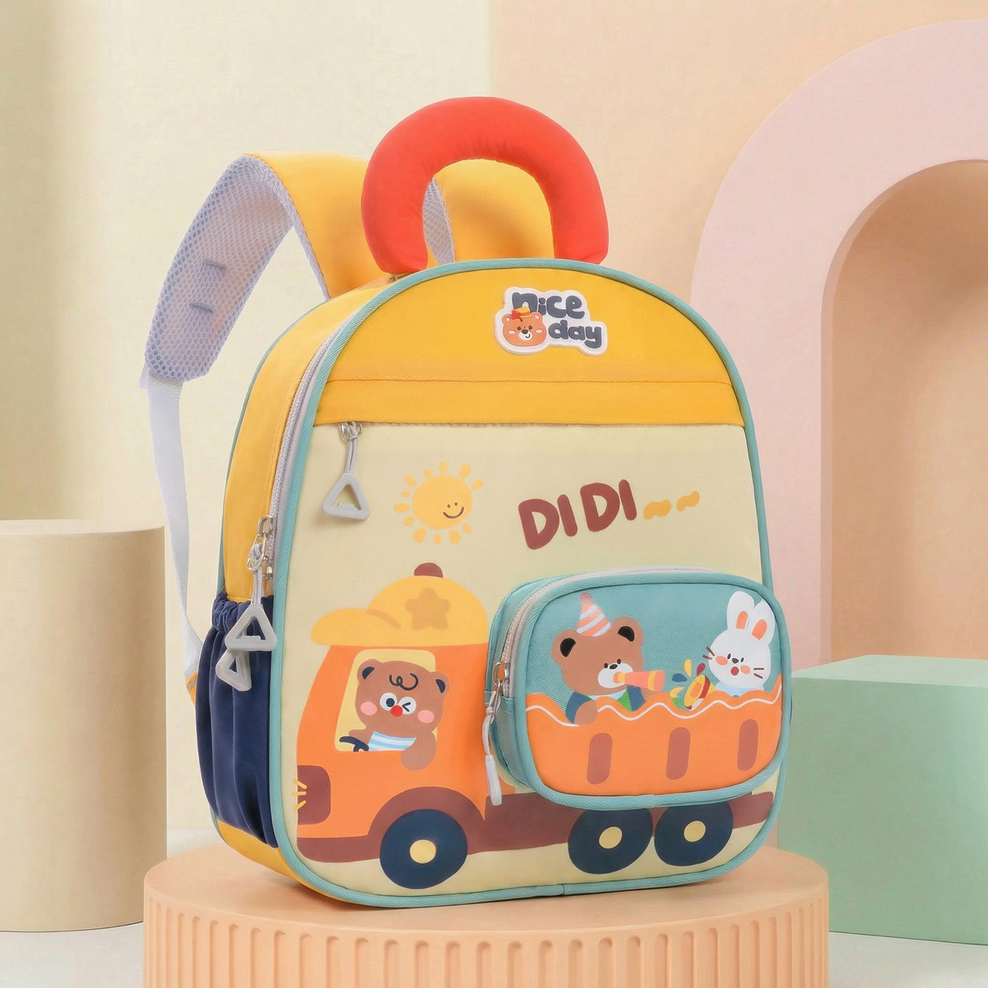 New Kindergarten Backpack for 3-6 Year Old Boys and Girls, Car-Themed, Color-Blocking Cartoon Bear Children's Backpack, Cross-Border