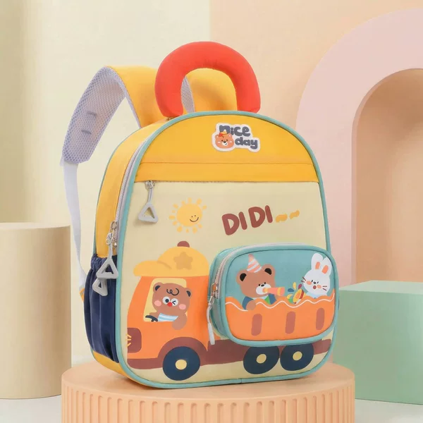 New Kindergarten Backpack for 3-6 Year Old Boys and Girls, Car-Themed, Color-Blocking Cartoon Bear Children's Backpack, Cross-Border