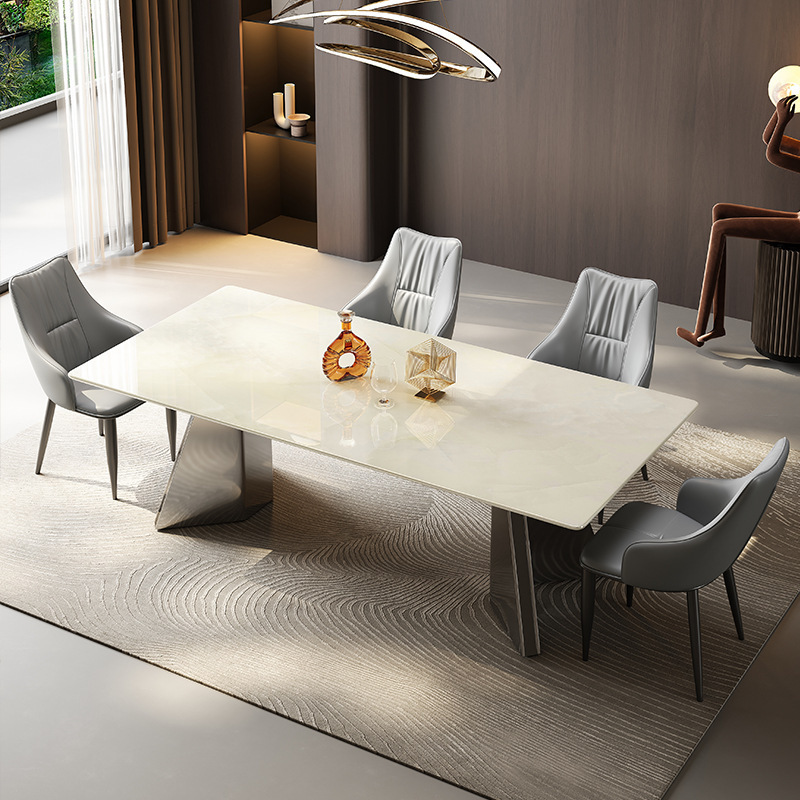 White Ice Jade Pure Natural Luxury Stone Dining Table Modern Simple High-End Luxury Marble Household Light Luxury Rectangular Dining Table