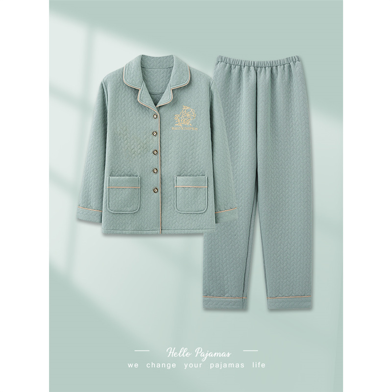 加厚纯棉夹层睡衣女秋冬款长袖薄夹棉空气棉保暖冬天家居服