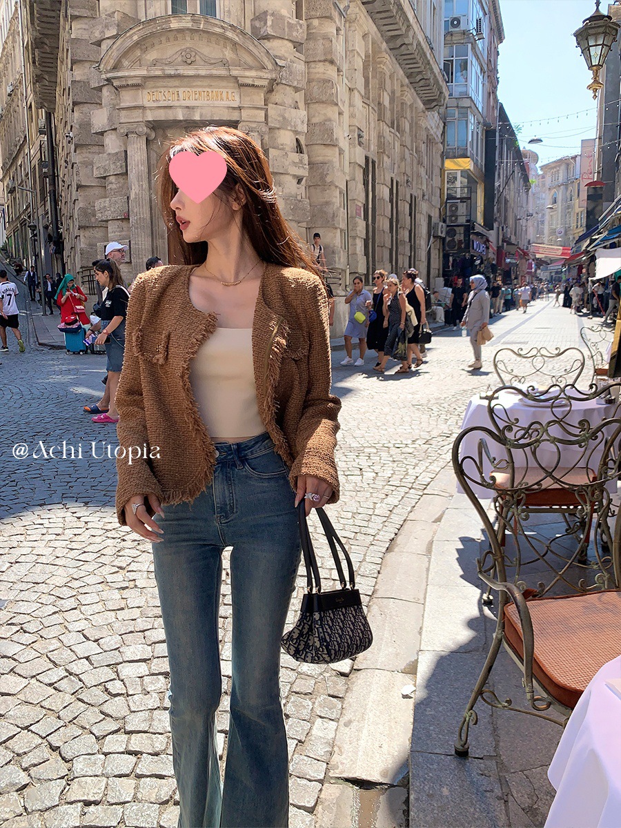 Chi Large Size Coffee-Colored Round Neck Chanel-Style Jacket for Women, High-End Old Money Style, Short Long-Sleeve Tweed Fringe Top