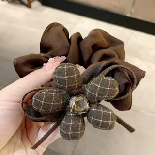 韩版东大门复古新款咖色花朵蝴蝶结发圈高级感发绳丸子扎头绳发饰