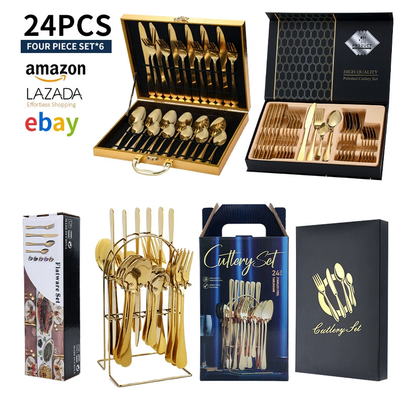 Трансграничная Западная Посуда из нержавеющей стали Amazon, набор из 24 предметов, Западный нож для стейка, вилка и ложка, посуда, костюм, Подарочная коробка оптом