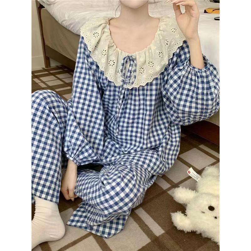 跨境韩版ins风睡衣女春秋季长袖甜美花边格子休闲大码家居服套装|undefined