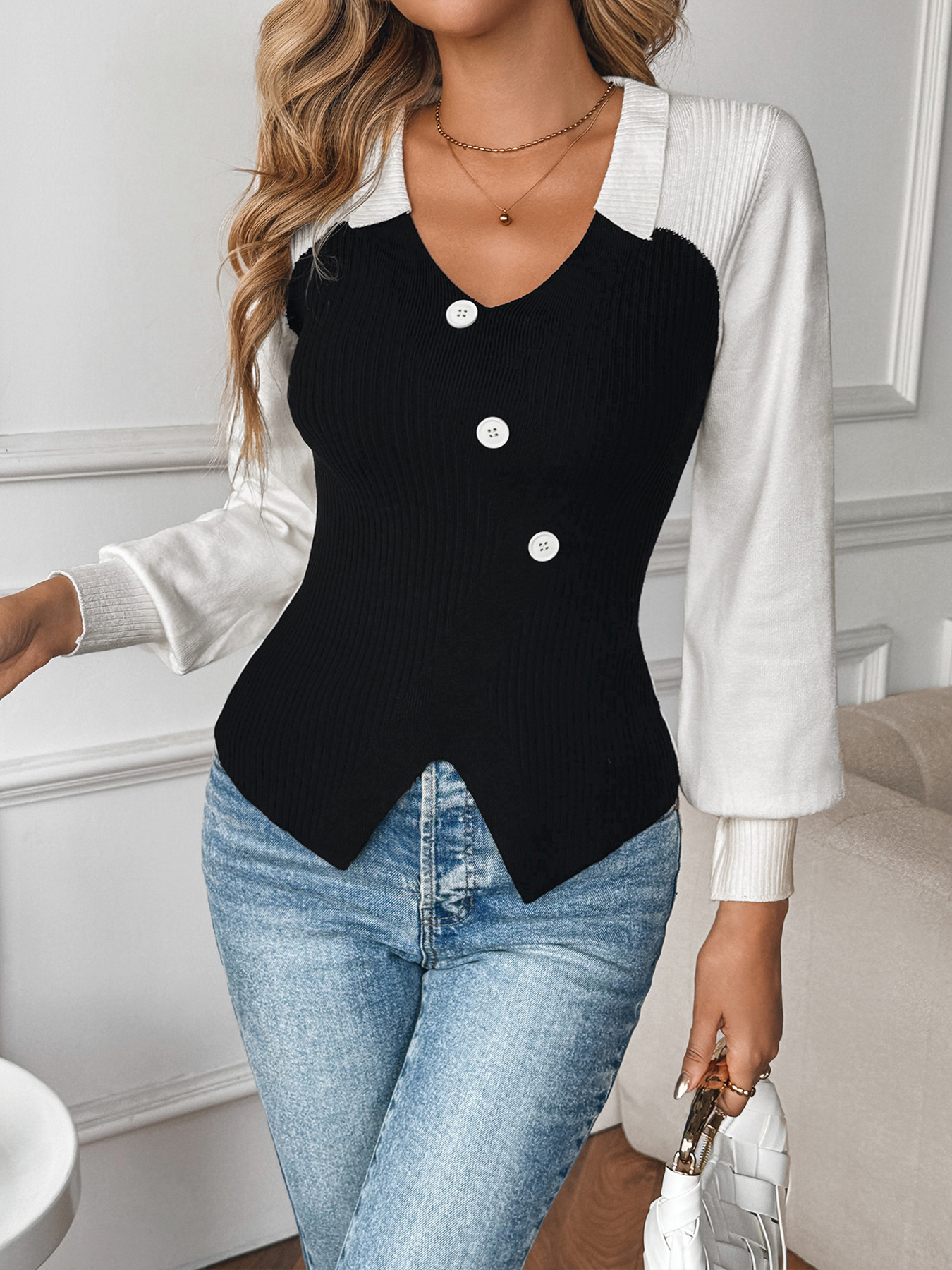 This Autumn And Winter Season Features A Trendy V-Neck Sweater With Color-Blocking And Patchwork Designs, As Well As A S_ecoleips.com