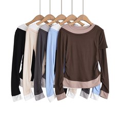 Soft, skin-friendly long-sleeve base layer T-shirt with a comfortable, spliced design—featuring a chic faux-two-piece look that flatters and creates a slimming effect for fall and winter.