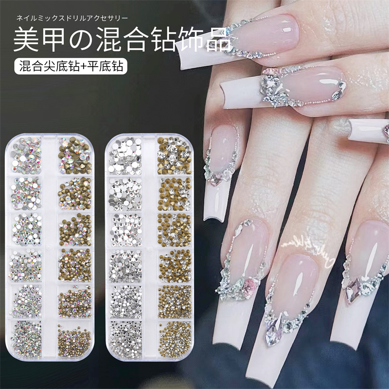 Caja larga de 12 cuadros para uñas y joyas de diamantes de imitación fondo plano plano transparente diamante AB manicura mezcla de diamantes decoración de diamantes de uñas