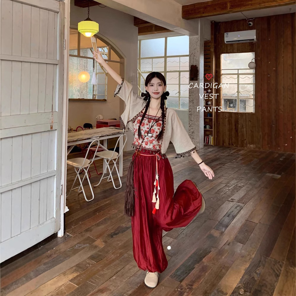 新中式吊带背心上衣女套装夏季防晒开衫灯笼休闲裤民族风三件套