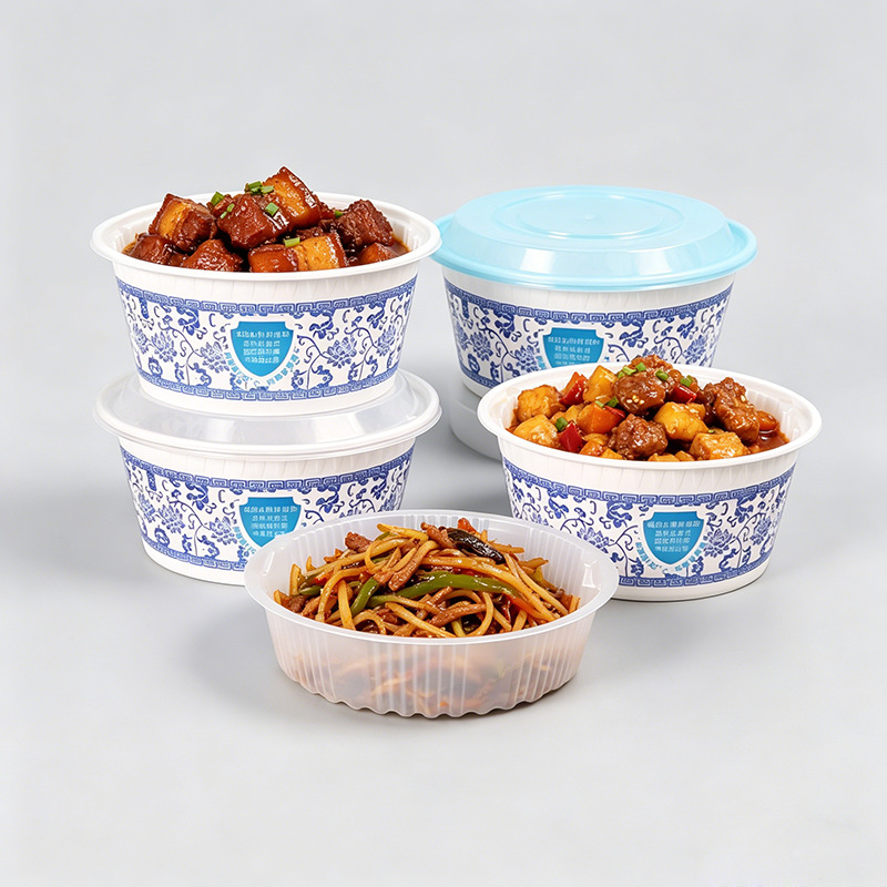 Caja de comedor de porcelana de color azul desechable redonda gruesa para llevar tazón de embalaje con cubierta horno de microondas para alimentos domésticos comerciales